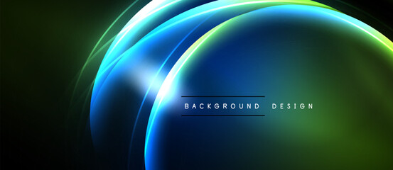 Abstract design features vibrant blue, green light curves. Dark background creates dramatic visual effect. Modern, sleek presentation.