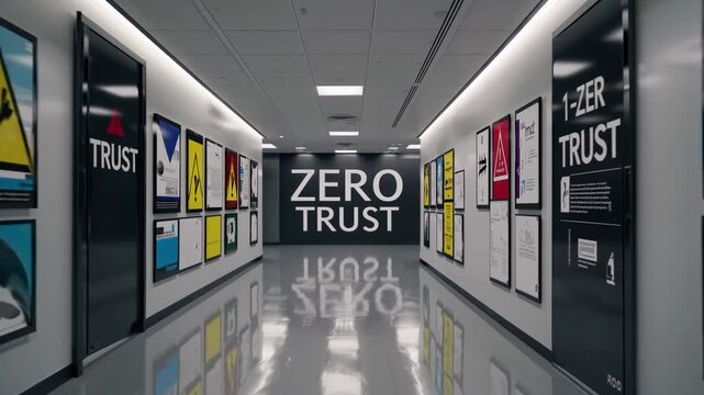 Exploring a modern office corridor emphasizing zero trust security principles with prominent safety signage