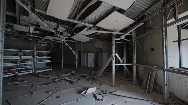 Broken walls and fallen debris reveal the aftermath of recent construction work in an abandoned building