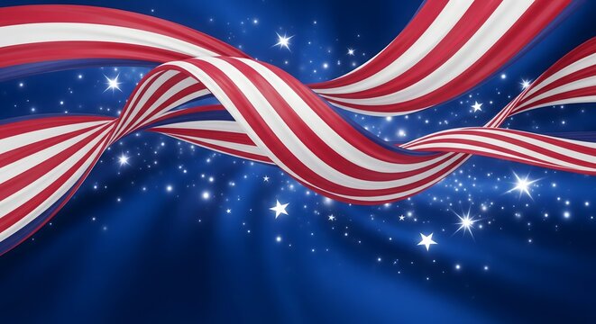 Abstract red and white ribbons flow on a blue background with stars.