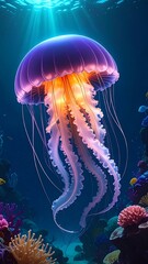 Obraz premium Enchanting Jellyfish in Deep Blue Sea - A Mesmerizing Underwater Scene.
