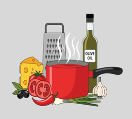 Illustration of a vibrant still life featuring ingredients for italian cooking, including tomatoes, cheese, olive oil, and spices, arranged against a neutral background