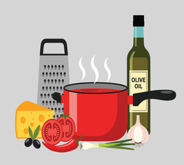 Illustration of a vibrant still life featuring ingredients for italian cooking, including tomatoes, cheese, olive oil, and spices, arranged against a neutral background