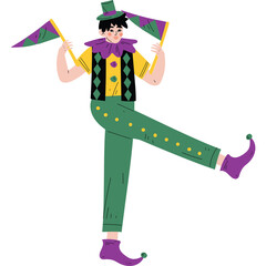 Joyful Character in Green Yellow and Purple Mardi Gras Costume Holding Flags on Transparent Background © zaskia