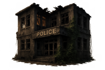 Abandoned police station building standing as a decaying ruin after apocalypse, overgrown with vines, transparent background