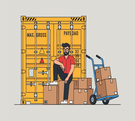 Illustration of a bearded man leans on stacked boxes in front of a shipping container, with a hand truck nearby, symbolizing logistics and delivery services