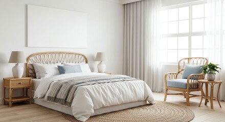 Fototapeta premium Bedroom interior with rattan furniture and window