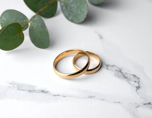 Close-up of gold wedding rings with eucalyptus on a marble surface