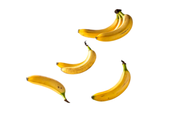 Five yellow bananas in mid-air suspended against a white background