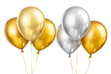 Group of metallic gold and silver balloons floating