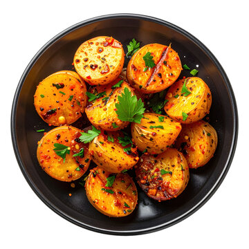Spicy batata harra potatoes isolated on white background, a flavorful lebanese side dish or vegan appetizer with herbs and chili