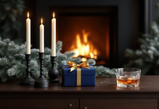 Christmas composition featuring lit candles, blue gift box with golden ribbon, glass , and evergreen branches against glowing fireplace creating festive ambiance. - Powered by Adobe