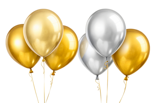 Group of metallic gold and silver balloons floating