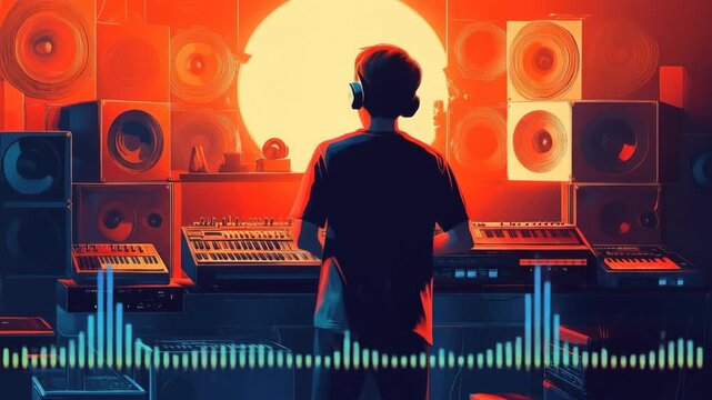 Music Producer Creating Beats in Vibrant Home Studio with Equalizer.