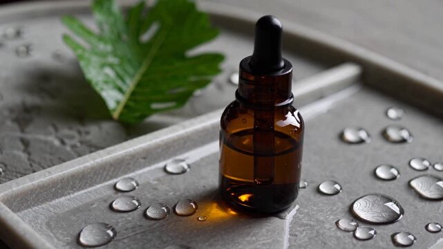 Essential oil dropper with water droplets on a stone tray in a serene natural setting