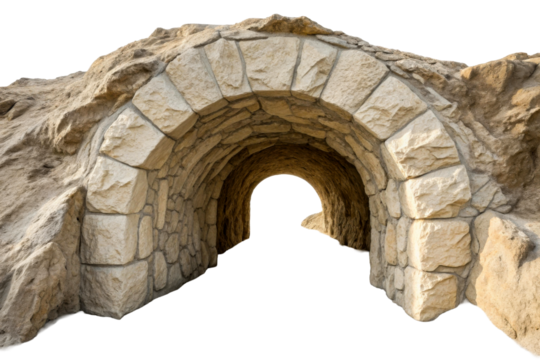 Stone arched tunnel cave grotto entrance passage, cut out transparent