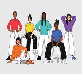 Illustration of diverse group of young people in casual wear, representing inclusivity and modern fashion trends, posing together in a studio