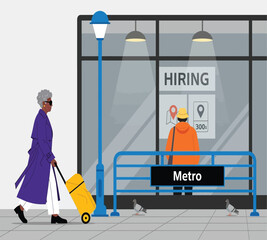 Illustration of an elderly woman with a suitcase walks past a metro station with a hiring sign, pigeons, and a blue light post, showcasing urban life and job opportunitiesIllustration of an elderly wo