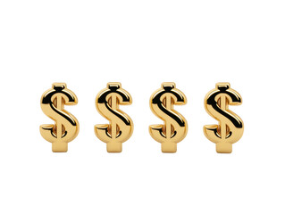 Obraz premium Four gold dollar signs in row, isolated on transparent background, symbolizing wealth, finance, investment, luxury, and economic success
