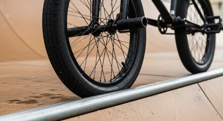 Bmx bike wheel on skate park ramp. Urban extreme sport equipment for rider trick performance. Street culture and active lifestyle.