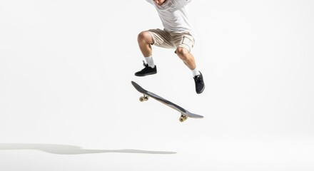 Man performing n ollie trick on skateboard in mid-air. Skateboarder jumping over white background. Active lifestyle, extreme sport, youth culture concept.