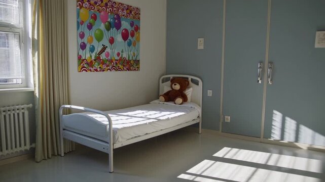 Cozy children's bedroom with a single bed and colorful decor featuring balloons and a teddy bear