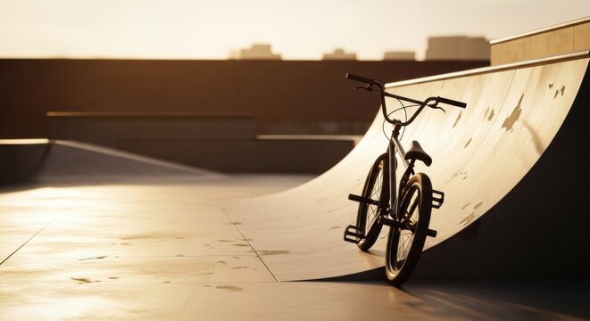 Bmx bike resting on a ramp in an outdoor skatepark at sunset. Extreme sport and youth lifestyle activity. Urban recreation concept.