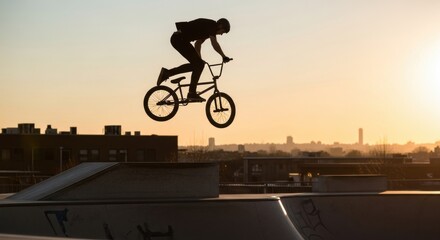 Male bmx rider performing jump trick in skate park at sunset. Extreme sports and outdoor activity for energetic youth.