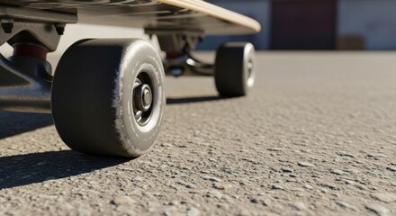 Skateboard wheel on asphalt road in close up view. Urban sport and youth fun concept. Extreme street hobby lifestyle.