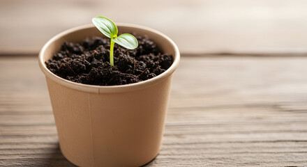 Small green seedling growing in a pot of soil, symbolizing new life and spring growth