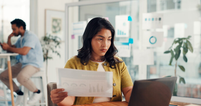 Laptop, business woman or document in office for campaign oversight, KPI data or coworking. Marketing manager, tech or SEO graphs for tracking user behavior, project management or competitor analysis