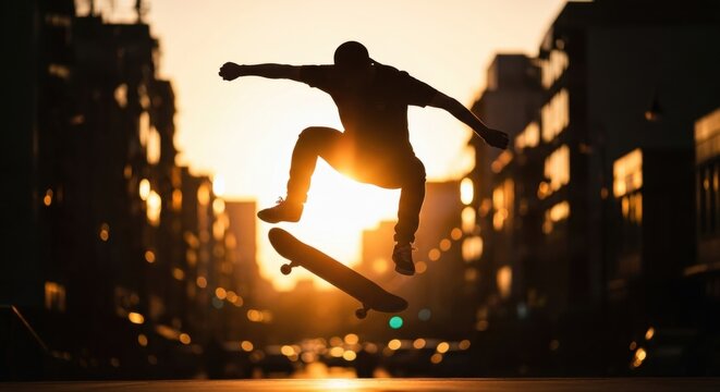 Skateboarder man performing an ollie trick in silhouette during golden hour, embodying freedom and youth urban sports culture in a street setting. - Powered by Adobe