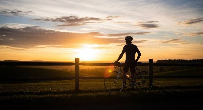 Man cyclist in helmet standing with bicycle near wooden fence watching sunset glow over scenic rural landscape. Cycling adventure, sport and outdoor leisure concept.