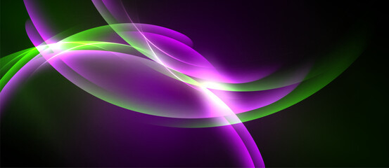 Abstract design features flowing purple, green light curves. Bright center radiates energy, contrasting dark background. Smooth gradients create dynamic visual effect.