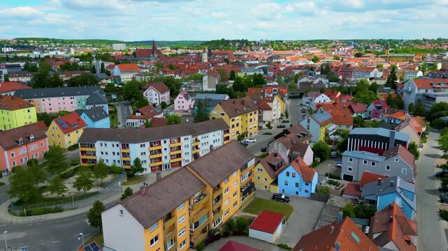 4K Aerial Drone Video of Brightly-Colored Homes in Historic Ansbach, Germany on Beautiful Summer Day