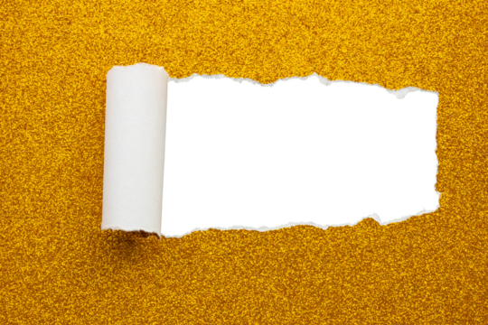 Gold glitter torn paper rolled edge with space isolated background