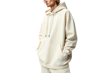Young man wearing a cream colored hoodie and sweatpants