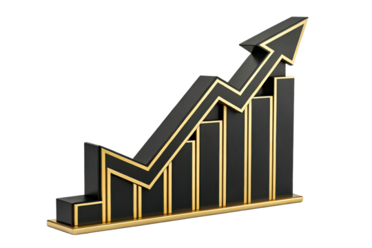 Black and gold bar graph with upward trend arrow