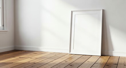 Empty white frame leaning against wall with wooden floor