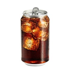 Clear plastic drink can containing an iced cola drink on white background