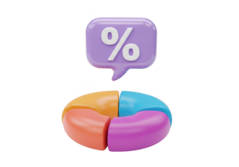 Colorful 3d pie chart with percentage symbol speech bubble for statistics isolated on transparent background