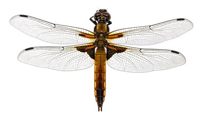 Close-up studio shot of a dragonfly, showcasing intricate wing veins and a vibrant body. Insect's body is brown, orange, and black, wings clear