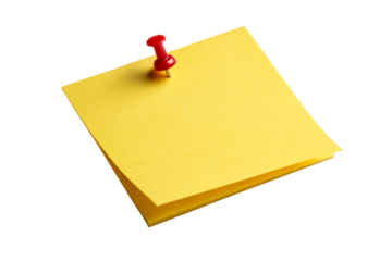 Yellow sticky note pinned to white surface with red thumbtack