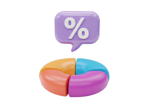 Colorful 3d pie chart with percentage symbol speech bubble for statistics isolated on transparent background
