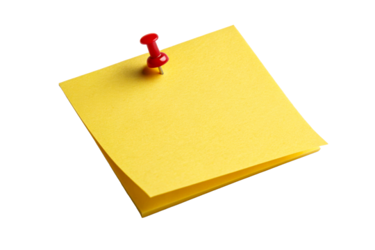 Yellow sticky note pinned to white surface with red thumbtack