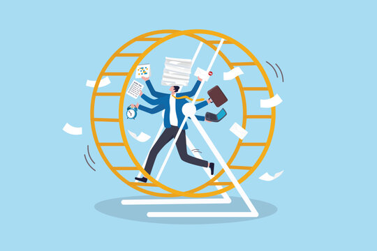 Hustle culture toxic, overworked productivity disorder, busy exhausted tired work, urgent or unhealthy job or career overwhelmed, anxiety or stress, businessman with hustle side job run on rat race.