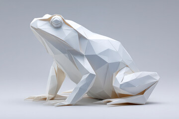 A geometric, polygonal sculpture of a frog in a crouching position, rendered in white with a minimalist, modern design.