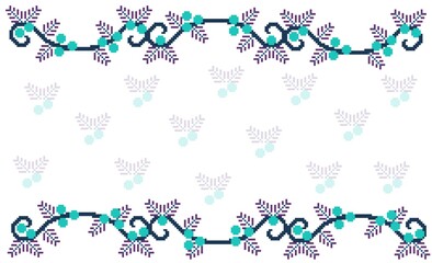 Christmas pixel art two horizontal lines of vines adorned with blue berries, blue holly pine needles and copy space with shadow. used in wallpaper, background, christmas card, lo-fi background