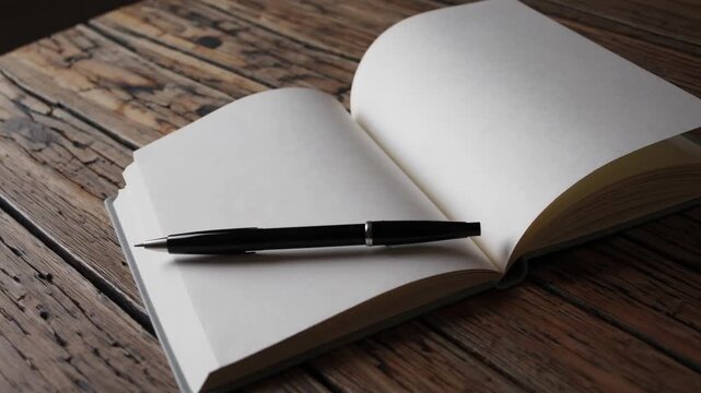 Creative writing session on a rustic wooden table with an open notebook and a pen