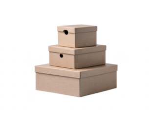 Stacked cardboard storage boxes three sizes neutral brown color simple design isolated on transparency background organization minimal style practical home or office use